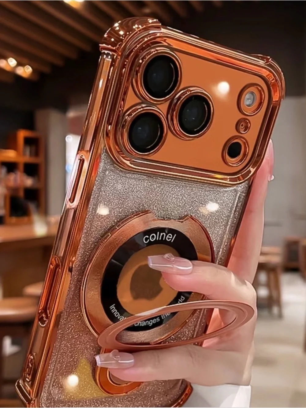 iPhone 17 Pro Max Pink Glitter Phone Case with Ring Holder Stand